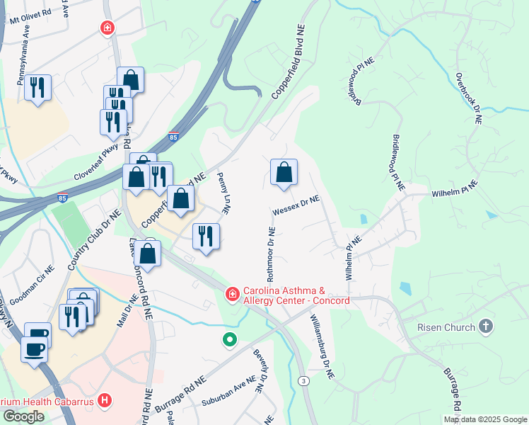 map of restaurants, bars, coffee shops, grocery stores, and more near 821 Rothmoor Drive Northeast in Concord