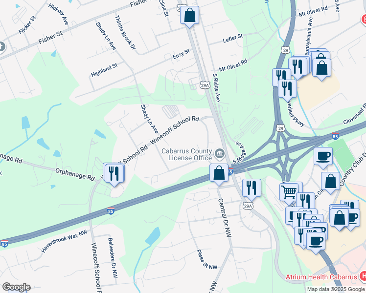 map of restaurants, bars, coffee shops, grocery stores, and more near 375 Winecoff School Road in Concord