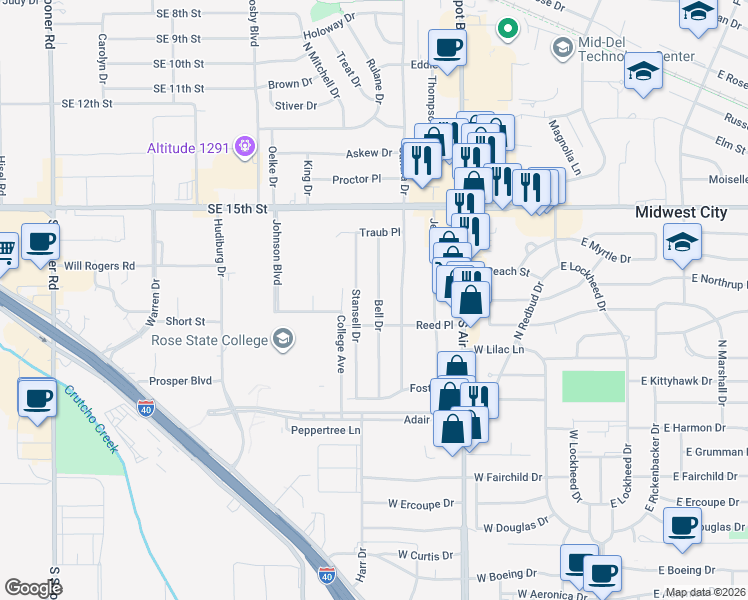 map of restaurants, bars, coffee shops, grocery stores, and more near 1011 Bell Drive in Midwest City