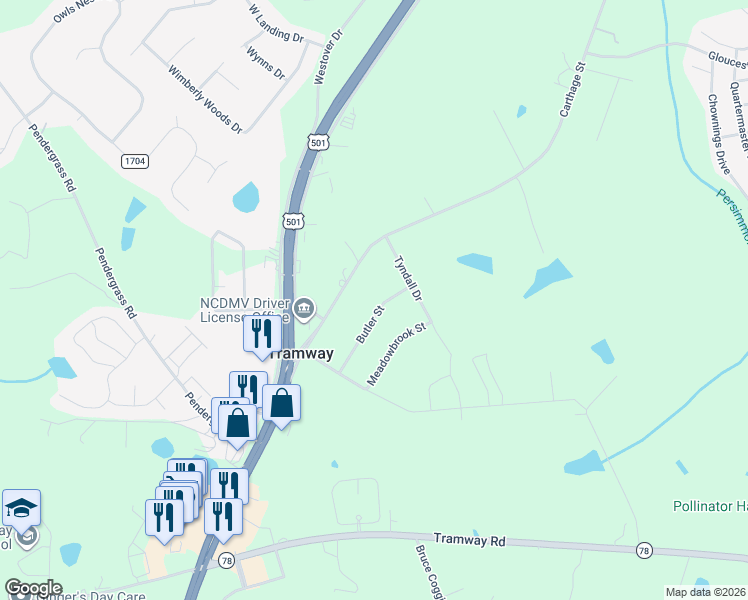 map of restaurants, bars, coffee shops, grocery stores, and more near 2127 Carthage Street in Sanford