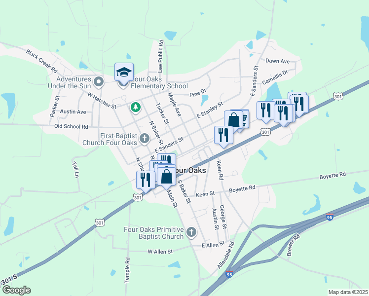map of restaurants, bars, coffee shops, grocery stores, and more near 301 East North Railroad Street in Benson