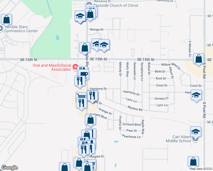map of restaurants, bars, coffee shops, grocery stores, and more near 9221 Harmony Drive in Midwest City
