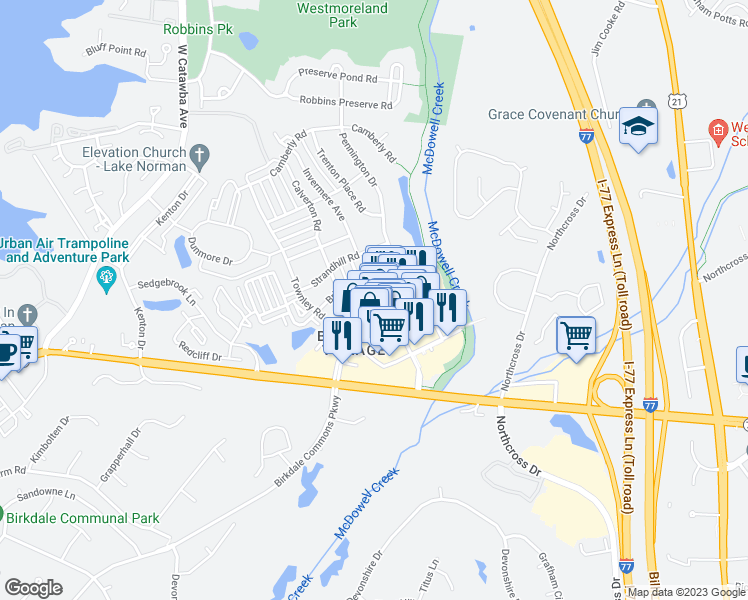 map of restaurants, bars, coffee shops, grocery stores, and more near Formby Road in Huntersville