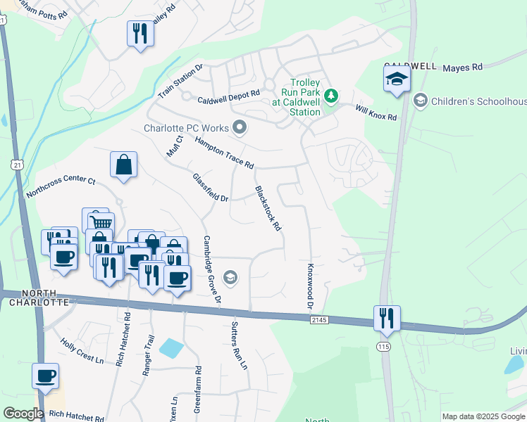 map of restaurants, bars, coffee shops, grocery stores, and more near 10314 Blackstock Road in Huntersville