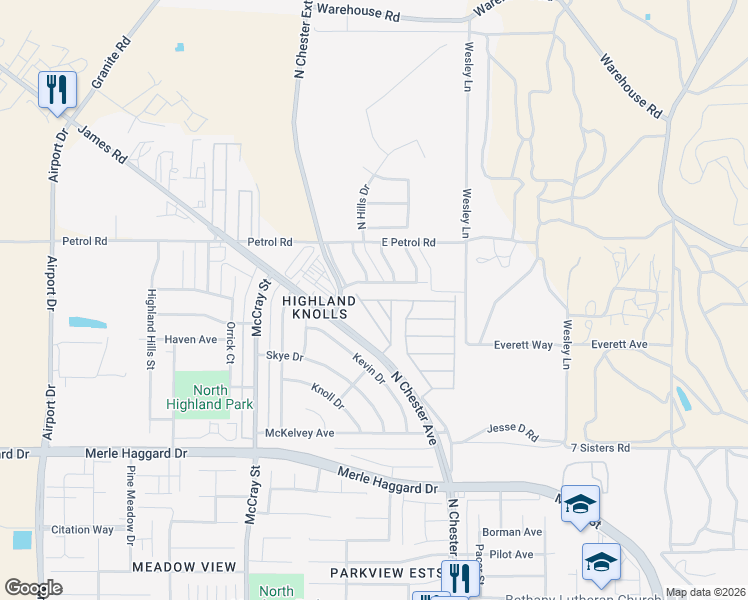 map of restaurants, bars, coffee shops, grocery stores, and more near 59 Eagle Lane in Bakersfield