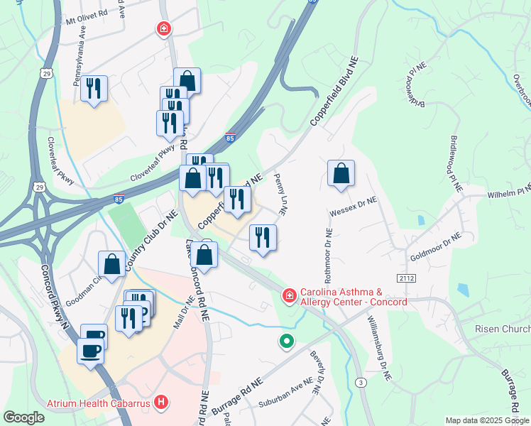 map of restaurants, bars, coffee shops, grocery stores, and more near 349 Penny Lane Northeast in Concord