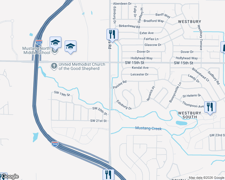 map of restaurants, bars, coffee shops, grocery stores, and more near 1821 Edinburg Drive in Yukon