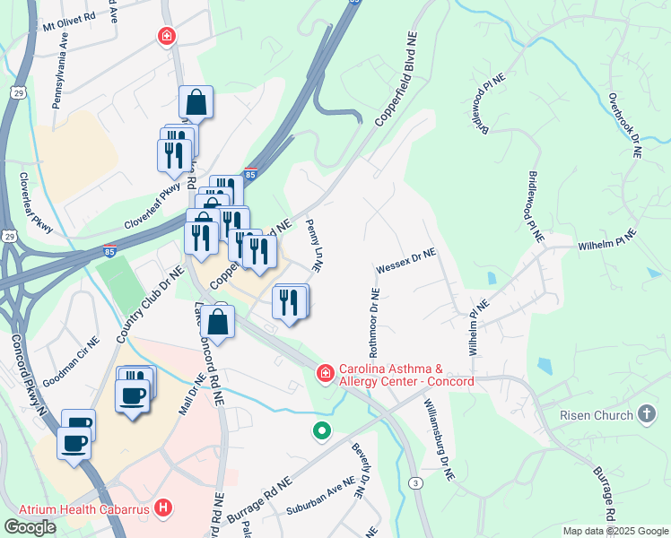 map of restaurants, bars, coffee shops, grocery stores, and more near 500 Penny Lane Northeast in Concord