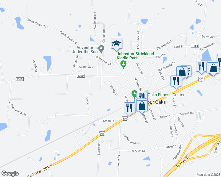 map of restaurants, bars, coffee shops, grocery stores, and more near 415 Bandy Street in Four Oaks