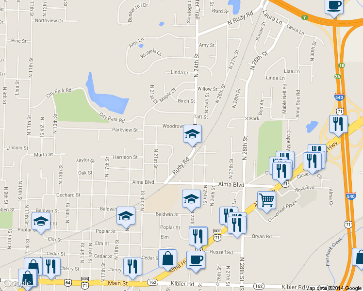 map of restaurants, bars, coffee shops, grocery stores, and more near 913 North 24th Street in Van Buren