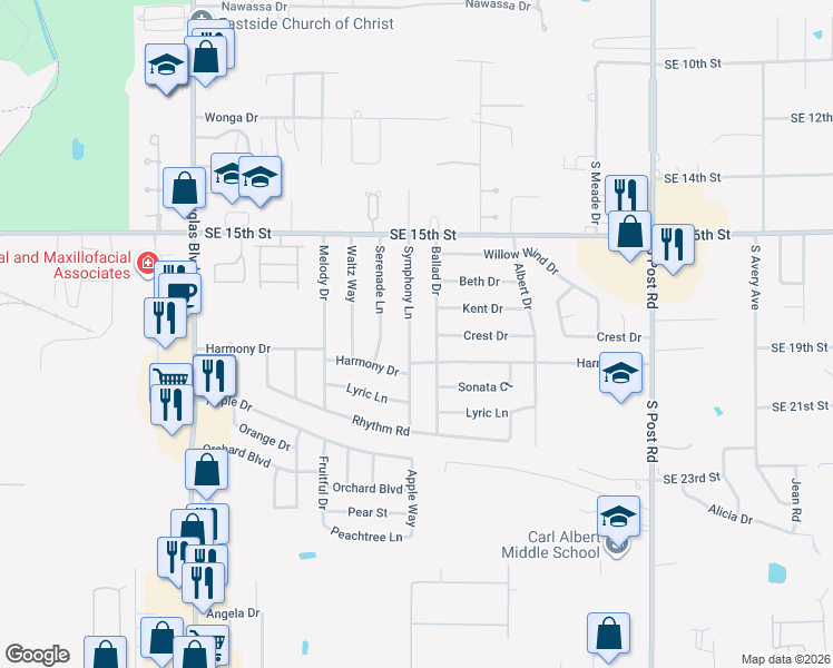 map of restaurants, bars, coffee shops, grocery stores, and more near 1732 Symphony Lane in Midwest City
