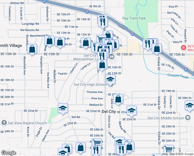 map of restaurants, bars, coffee shops, grocery stores, and more near 1913 Karen Drive in Del City