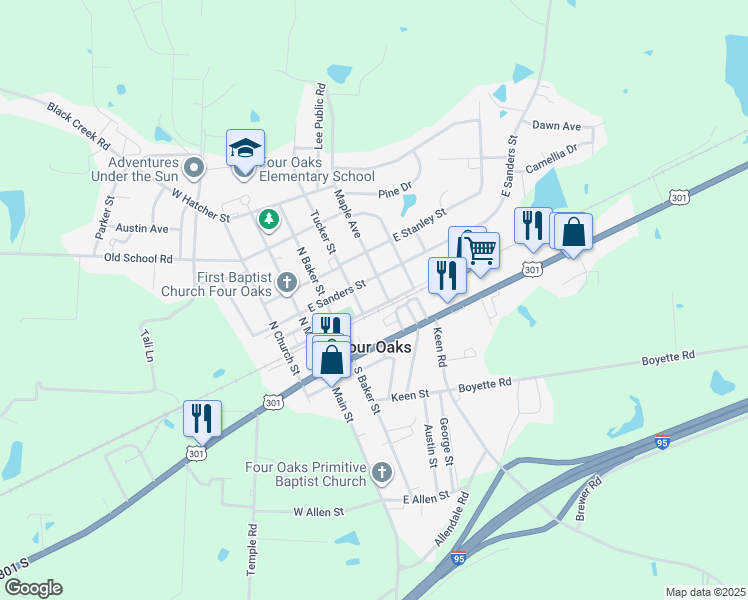 map of restaurants, bars, coffee shops, grocery stores, and more near 301 East North Railroad Street in Benson