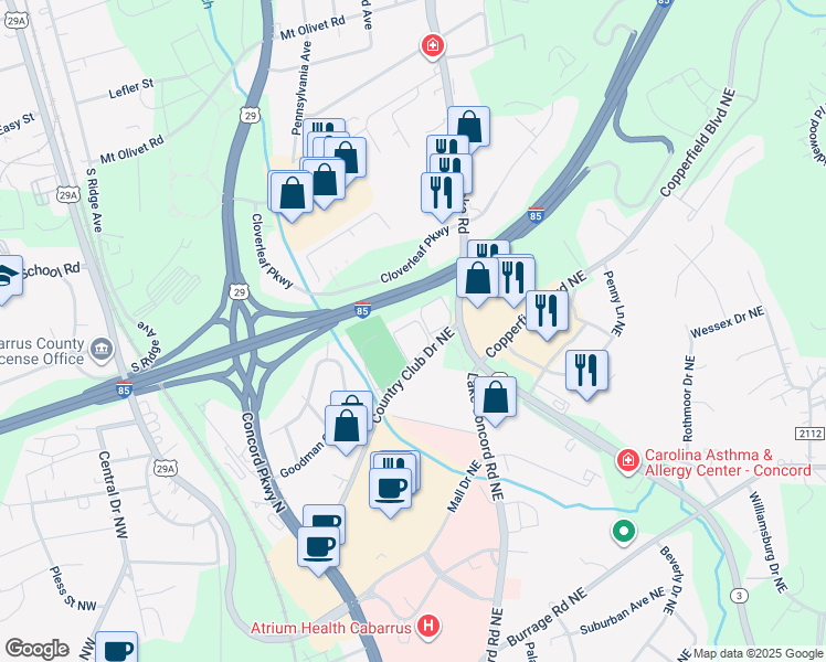 map of restaurants, bars, coffee shops, grocery stores, and more near 249-5 Country Club Drive Northeast in Concord