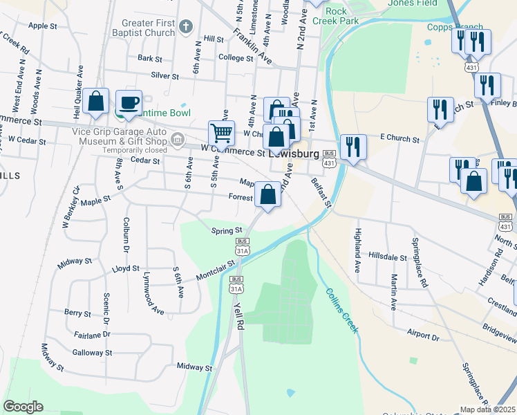 map of restaurants, bars, coffee shops, grocery stores, and more near 327 Forrest Street in Lewisburg