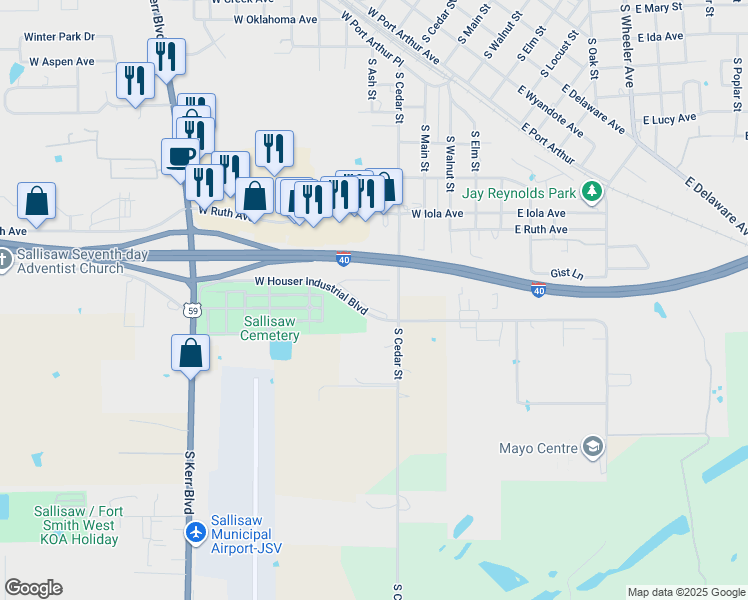 map of restaurants, bars, coffee shops, grocery stores, and more near 603 East Houser Avenue in Sallisaw