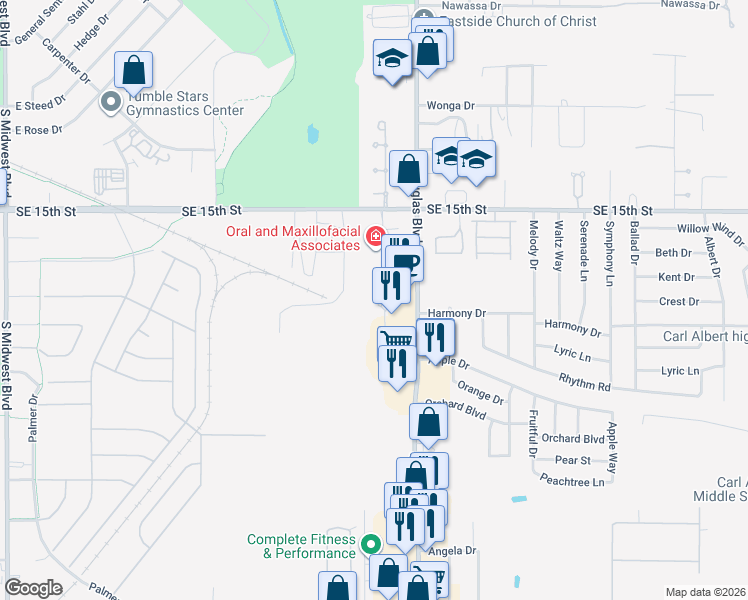 map of restaurants, bars, coffee shops, grocery stores, and more near 1909 South Douglas Boulevard in Midwest City