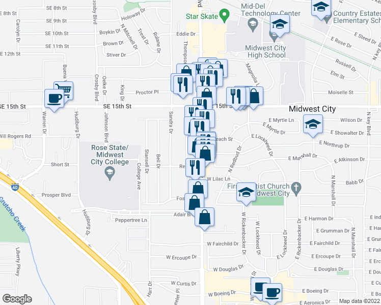 map of restaurants, bars, coffee shops, grocery stores, and more near 1011 Jet Drive in Midwest City
