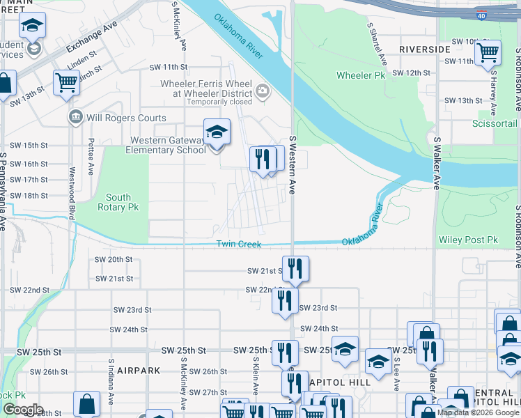 map of restaurants, bars, coffee shops, grocery stores, and more near 919 Pedalers Lane in Oklahoma City