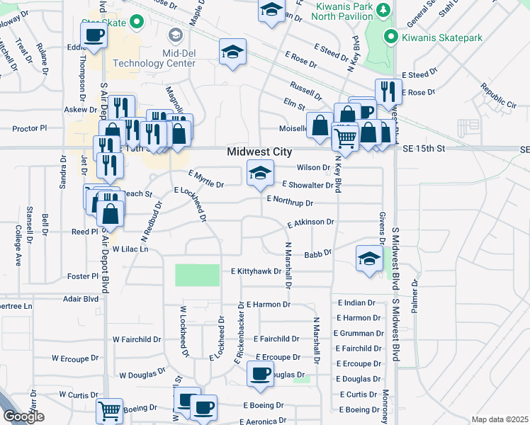 map of restaurants, bars, coffee shops, grocery stores, and more near 301 East Marshall Drive in Midwest City
