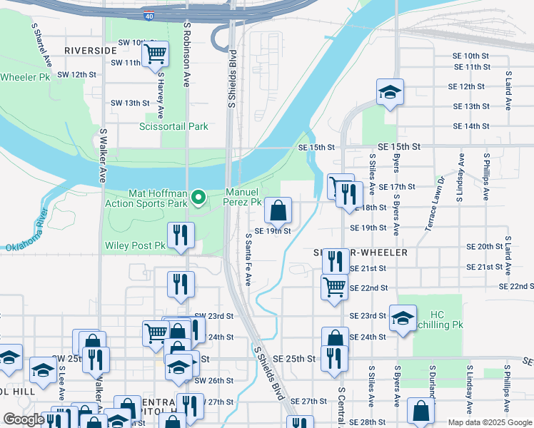 map of restaurants, bars, coffee shops, grocery stores, and more near 1810 South Santa Fe Avenue in Oklahoma City