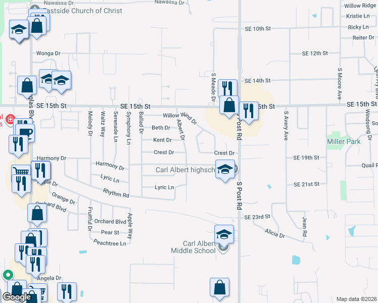 map of restaurants, bars, coffee shops, grocery stores, and more near 1732 Albert Drive in Midwest City