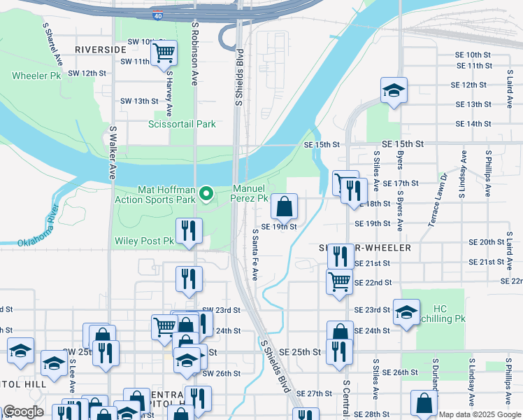map of restaurants, bars, coffee shops, grocery stores, and more near 1810 South Santa Fe Avenue in Oklahoma City