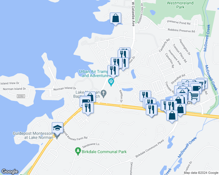 map of restaurants, bars, coffee shops, grocery stores, and more near 17001 Kenton Drive in Cornelius