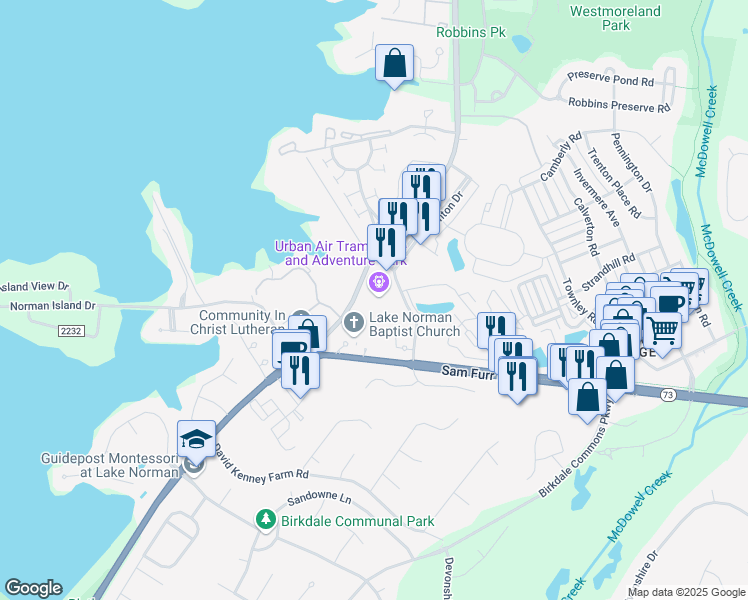 map of restaurants, bars, coffee shops, grocery stores, and more near 17001 Kenton Drive in Cornelius