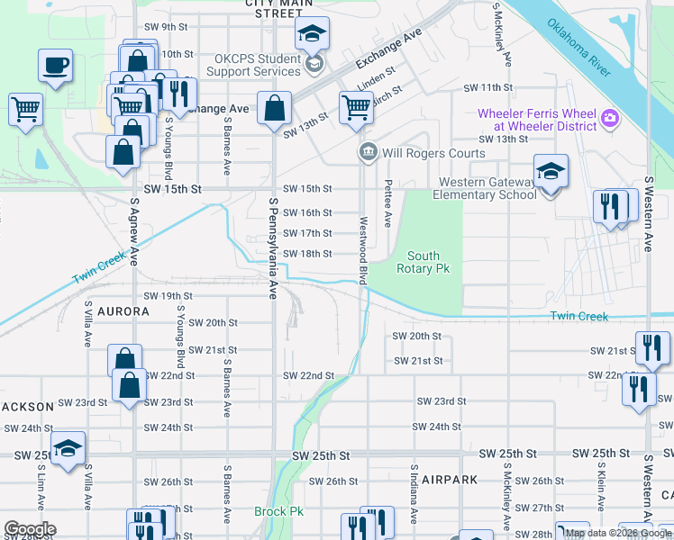 map of restaurants, bars, coffee shops, grocery stores, and more near 1721 Southwest 19th Street in Oklahoma City