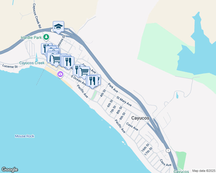 map of restaurants, bars, coffee shops, grocery stores, and more near 180 4th Street in Cayucos