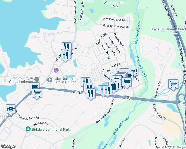 map of restaurants, bars, coffee shops, grocery stores, and more near 8339 Brickle Lane in Huntersville