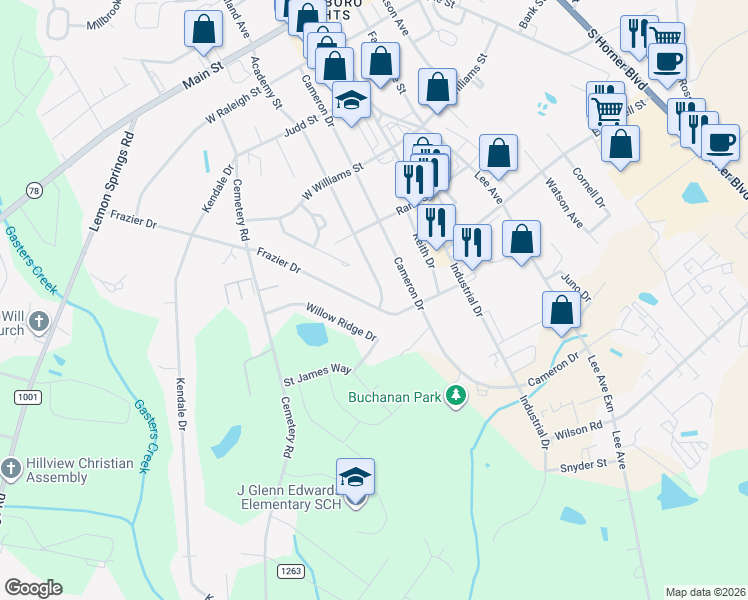 map of restaurants, bars, coffee shops, grocery stores, and more near 409 Frazier Drive in Sanford