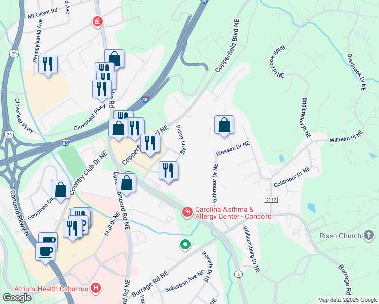 map of restaurants, bars, coffee shops, grocery stores, and more near 500 Penny Lane Northeast in Concord
