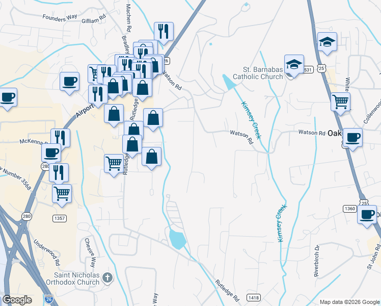 map of restaurants, bars, coffee shops, grocery stores, and more near 35 Old Lime Kiln Road in Arden