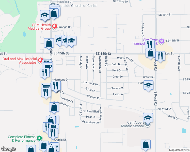 map of restaurants, bars, coffee shops, grocery stores, and more near 1732 Serenade Drive in Midwest City