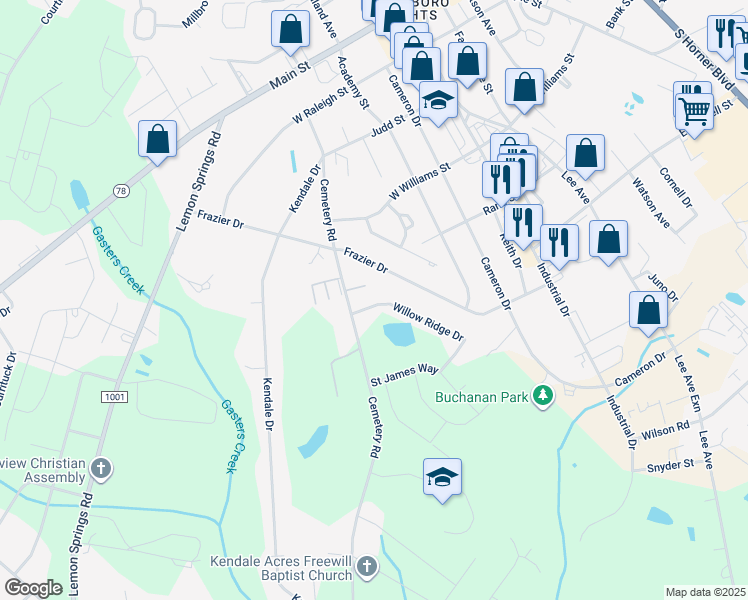 map of restaurants, bars, coffee shops, grocery stores, and more near 117 Willow Ridge Drive in Sanford