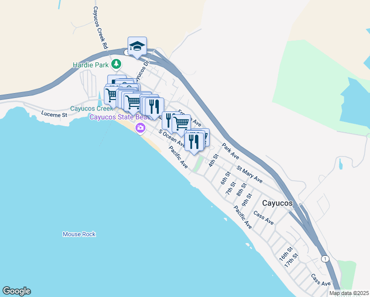 map of restaurants, bars, coffee shops, grocery stores, and more near 100 South Ocean Avenue in Cayucos
