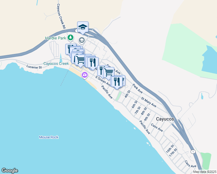 map of restaurants, bars, coffee shops, grocery stores, and more near 2 1st Street in Cayucos