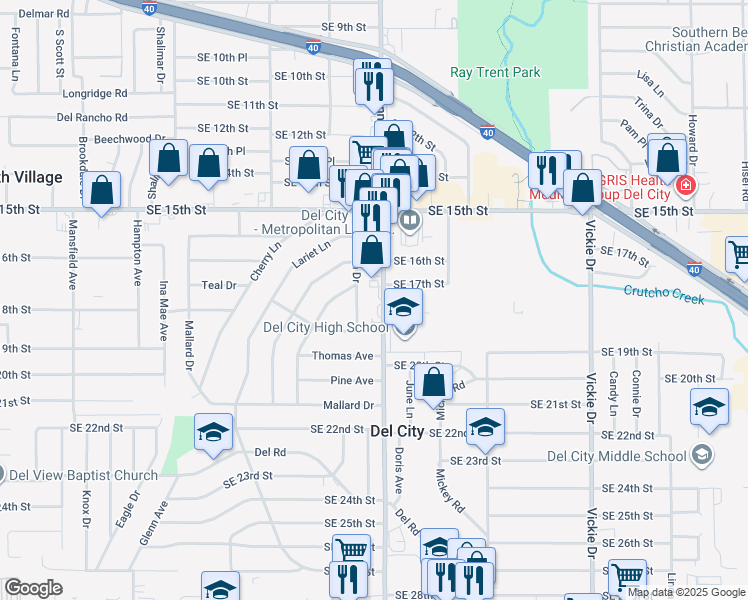 map of restaurants, bars, coffee shops, grocery stores, and more near 1817 South Sunnylane Road in Del City
