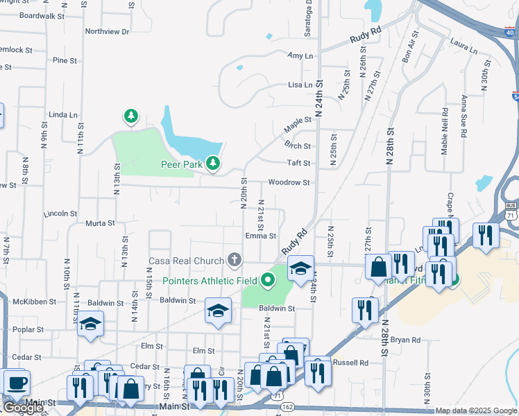 map of restaurants, bars, coffee shops, grocery stores, and more near 824 North 21st Street in Van Buren