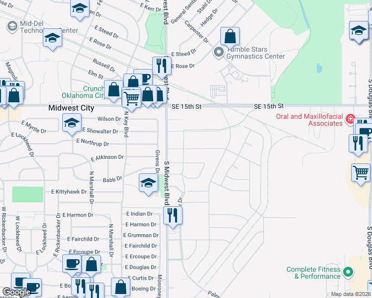 map of restaurants, bars, coffee shops, grocery stores, and more near 8410 Southeast 18th Street in Midwest City