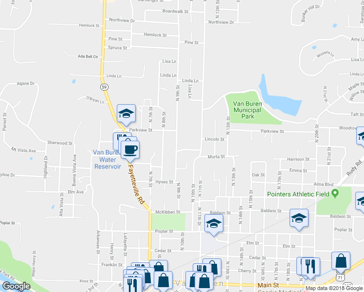 map of restaurants, bars, coffee shops, grocery stores, and more near 903 Lincoln Street in Van Buren