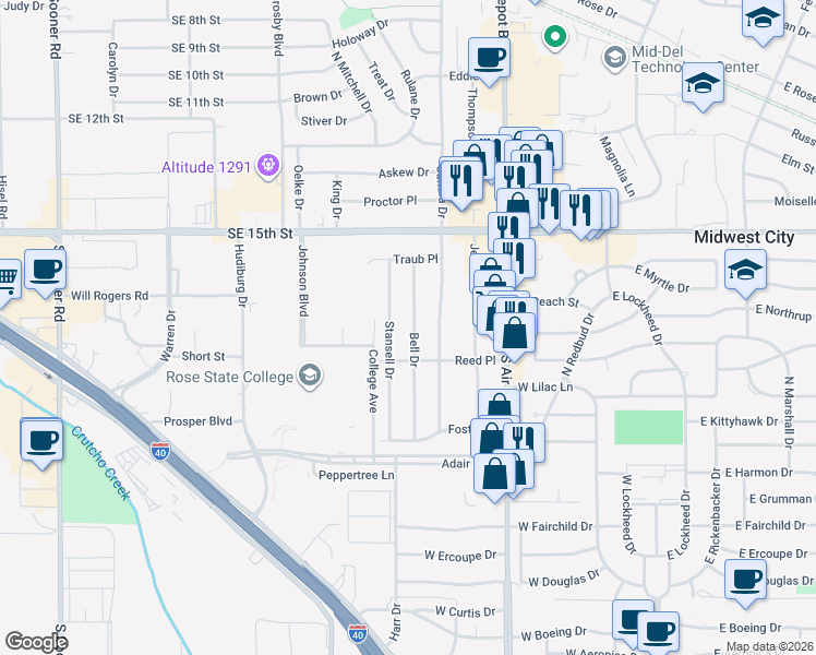 map of restaurants, bars, coffee shops, grocery stores, and more near 1011 Bell Drive in Midwest City