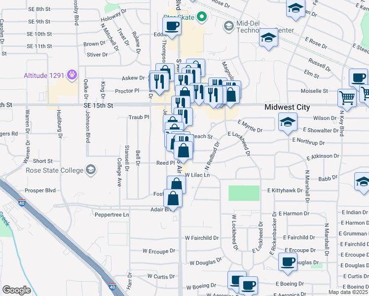 map of restaurants, bars, coffee shops, grocery stores, and more near 1904 South Air Depot Boulevard in Midwest City