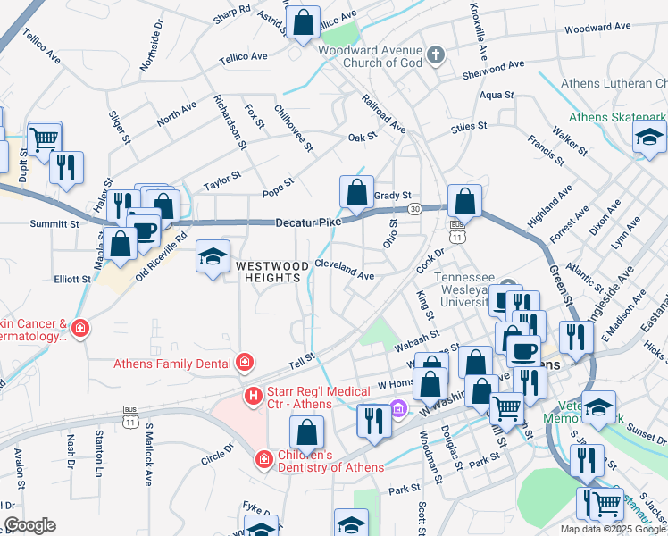 map of restaurants, bars, coffee shops, grocery stores, and more near 519 Cleveland Avenue in Athens