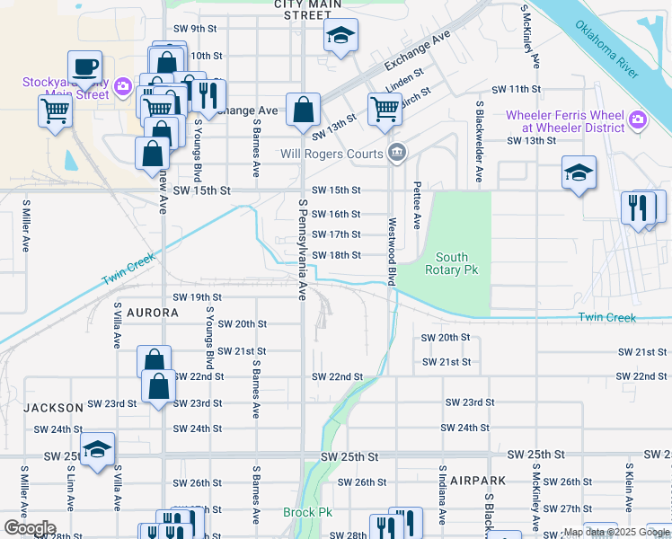 map of restaurants, bars, coffee shops, grocery stores, and more near 1805 SW 19th St in Oklahoma City