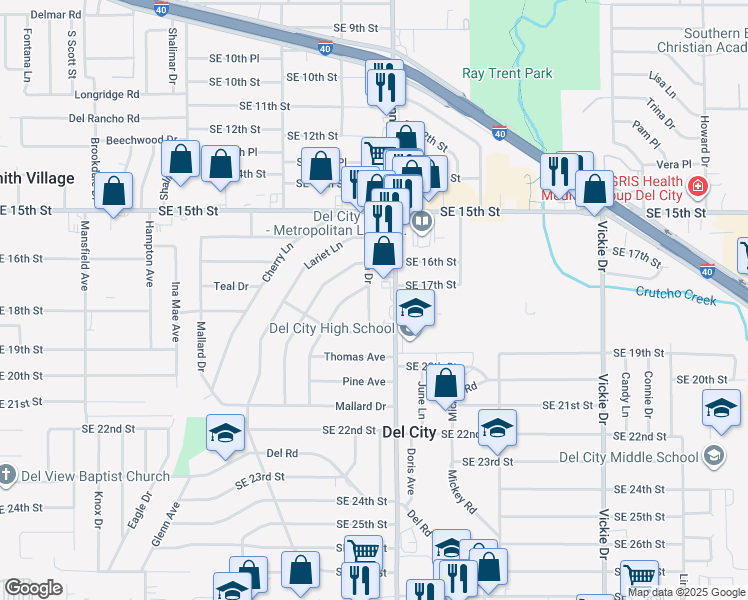 map of restaurants, bars, coffee shops, grocery stores, and more near 1913 Karen Drive in Del City