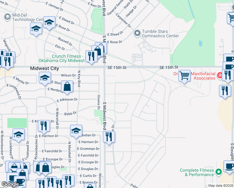 map of restaurants, bars, coffee shops, grocery stores, and more near 8410 Southeast 18th Street in Midwest City