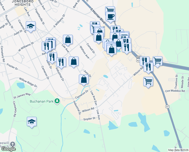 map of restaurants, bars, coffee shops, grocery stores, and more near 307 Maddox Drive in Sanford